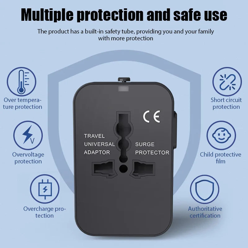 Global Universal Travel Power Adapter with USB Sockets and Child Safety Lock